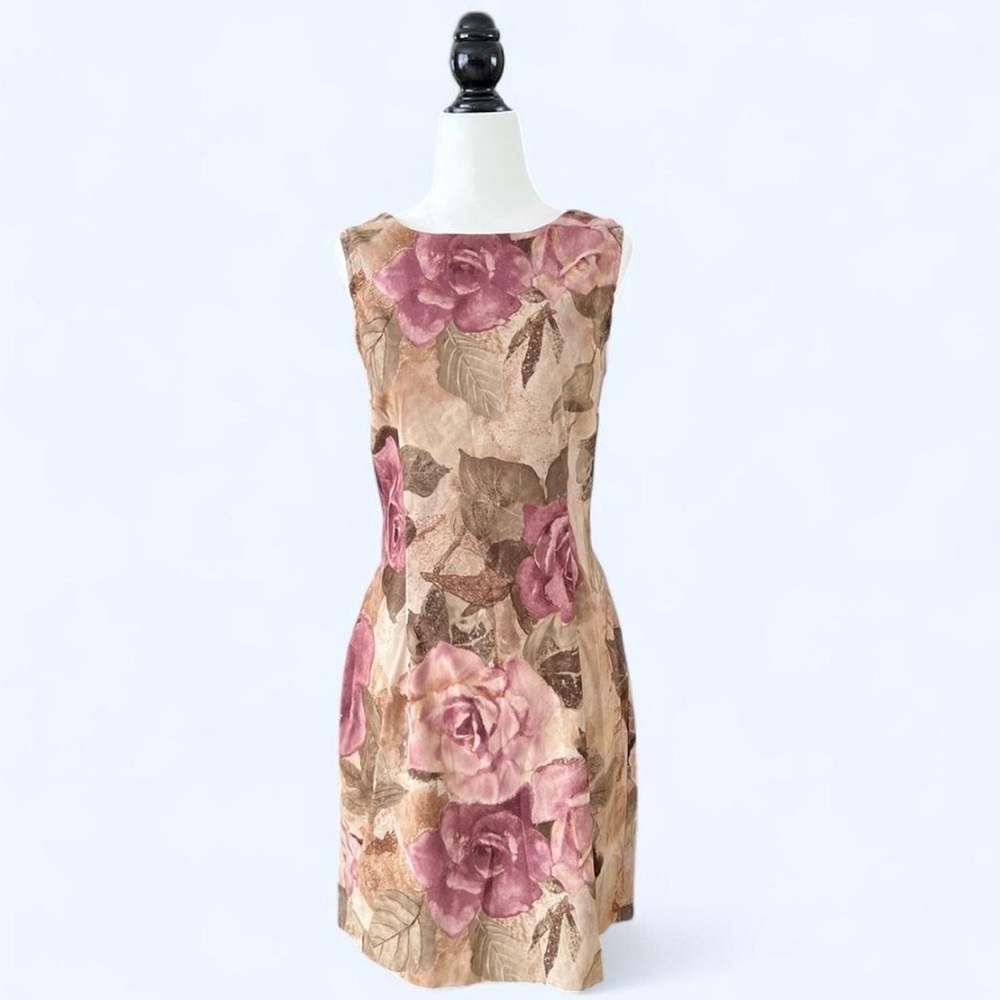 Vintage Brown & Pink Rose Floral Mini Dress Medium Romantic Whimsigoth Fairycore